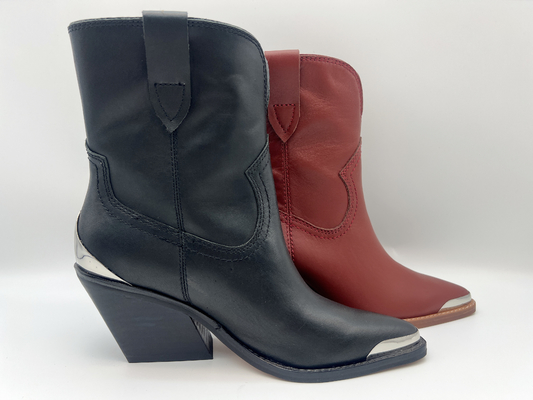 Closed toe metal design Womens Leather Dress Boots，soft nappa kulit asli ankle boots，abs heel dengan rubber outsole