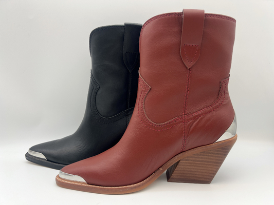 Closed toe metal design Womens Leather Dress Boots，soft nappa kulit asli ankle boots，abs heel dengan rubber outsole
