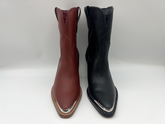 Closed toe metal design Womens Leather Dress Boots，soft nappa kulit asli ankle boots，abs heel dengan rubber outsole