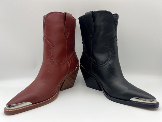 Closed toe metal design Womens Leather Dress Boots，soft nappa kulit asli ankle boots，abs heel dengan rubber outsole