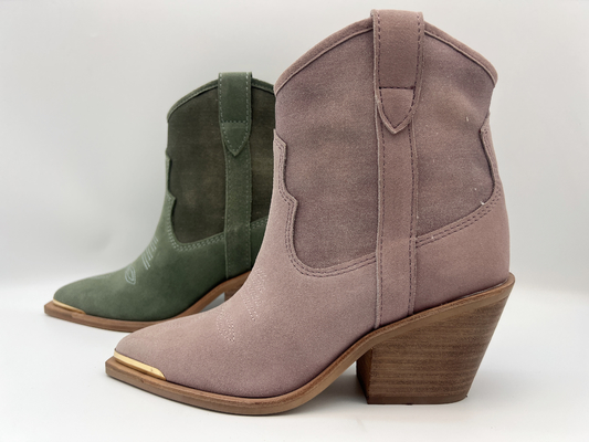sepatu bot wanita bahan suede dan kanvas bagian atas, bagian atas dengan desain bordir bunga, penutup jari kaki logam dan tumit abs