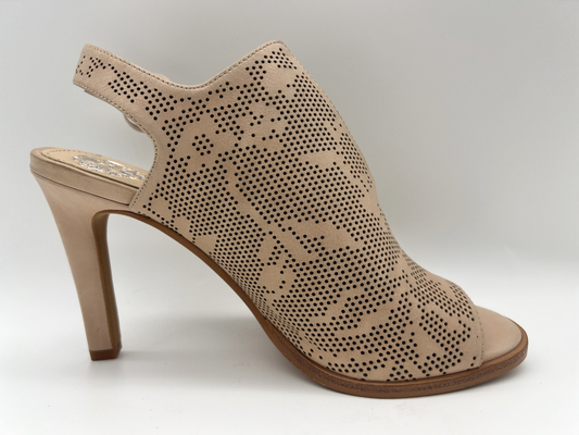Sepatu Kulit Suede Coklat / Beige Open Toe Round Toe Sandal Tumit Stiletto