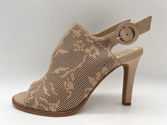 Sepatu Kulit Suede Coklat / Beige Open Toe Round Toe Sandal Tumit Stiletto