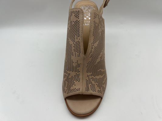Sepatu Kulit Suede Coklat / Beige Open Toe Round Toe Sandal Tumit Stiletto