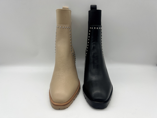 Sepatu Bot Wanita Kulit Sapi Lembut Tan, Sepatu Bot Wanita dengan kancing poros dalam logam, tumit abs persegi, Outsole TPR dengan lateks yang bisa dipakai