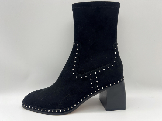 kulit suede lembut dan kain lycra stretch hitam Womens Dress ankle Boots dengan desain ritsleting logam, tumit abs persegi