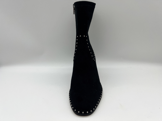 kulit suede lembut dan kain lycra stretch hitam Womens Dress ankle Boots dengan desain ritsleting logam, tumit abs persegi