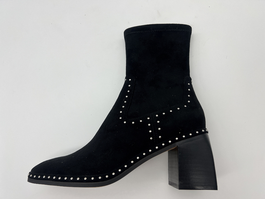 kulit suede lembut dan kain lycra stretch hitam Womens Dress ankle Boots dengan desain ritsleting logam, tumit abs persegi