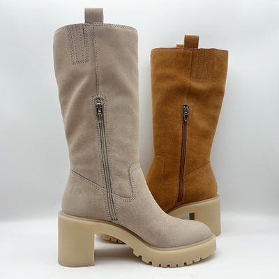 Sepatu Bot Wanita kulit suede lembut berwarna coklat dengan ritsleting logam 3/4 ykk，Satu bagian outsole TPR