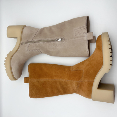 Sepatu Bot Wanita kulit suede lembut berwarna coklat dengan ritsleting logam 3/4 ykk，Satu bagian outsole TPR