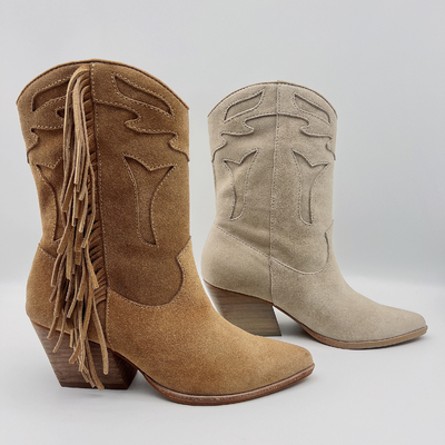 Gaun Kulit Wanita Tulang Sepatu Bot Pergelangan Kaki Tahan Lama Coklat Suede Rumbai Boots