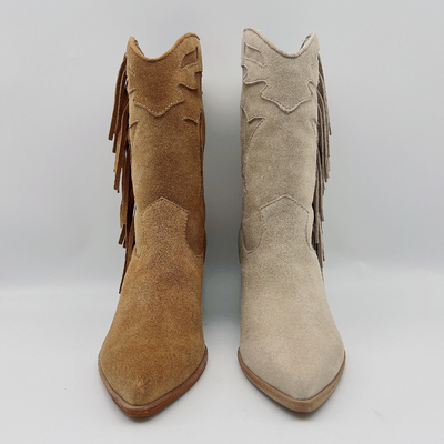 Gaun Kulit Wanita Tulang Sepatu Bot Pergelangan Kaki Tahan Lama Coklat Suede Rumbai Boots