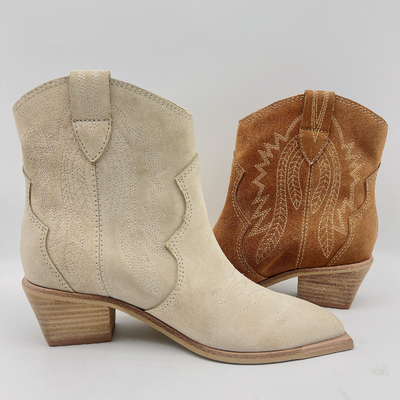 Fashion Womens Leather Dress Boots Coklat / Beige Dengan Bordir Bunga