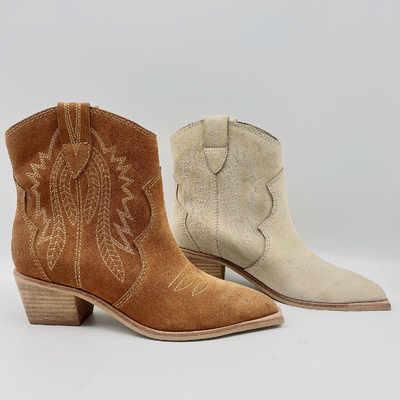 Fashion Womens Leather Dress Boots Coklat / Beige Dengan Bordir Bunga