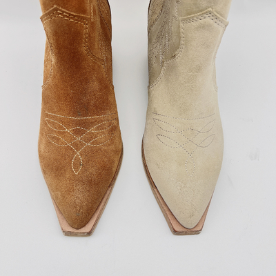 Fashion Womens Leather Dress Boots Coklat / Beige Dengan Bordir Bunga