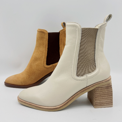 Round Toe Ankle Boots Womens Leather Dress Boots Tan / Beige Dengan Karet Elastis