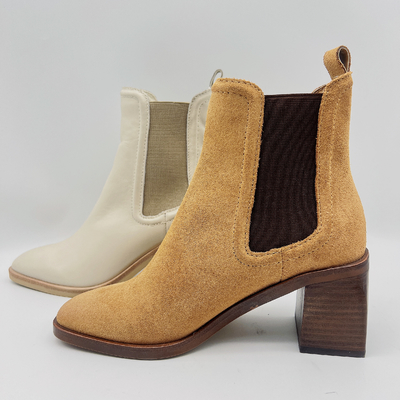 Round Toe Ankle Boots Womens Leather Dress Boots Tan / Beige Dengan Karet Elastis