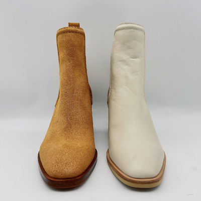 Round Toe Ankle Boots Womens Leather Dress Boots Tan / Beige Dengan Karet Elastis