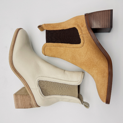Round Toe Ankle Boots Womens Leather Dress Boots Tan / Beige Dengan Karet Elastis