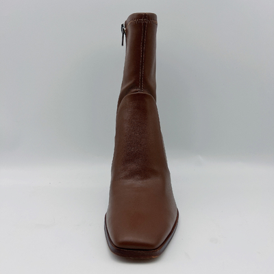Sepatu Bot Kulit Wanita Kepala Bulat Coklat Dengan Ritsleting Jari Kaki Logam YKK