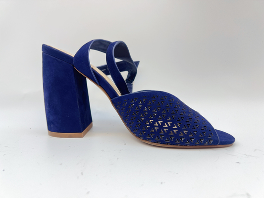 Sandal Hak Tinggi Ujung Persegi Navy Soft Nubuck Sandal Kulit Asli Untuk Wanita