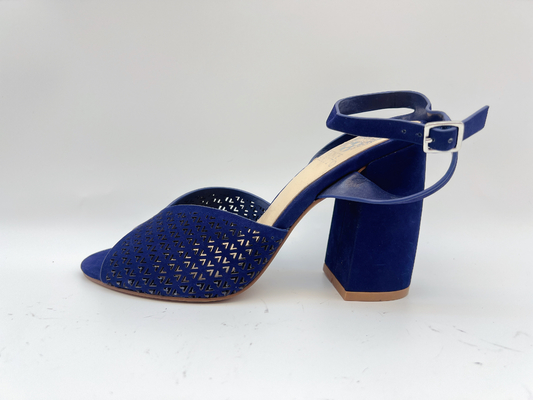 Sandal Hak Tinggi Ujung Persegi Navy Soft Nubuck Sandal Kulit Asli Untuk Wanita