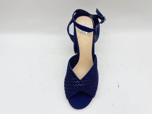 Sandal Hak Tinggi Ujung Persegi Navy Soft Nubuck Sandal Kulit Asli Untuk Wanita