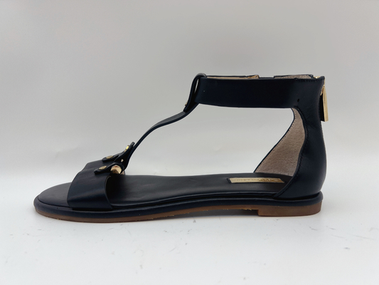 Wanita Hitam T Strap Sepatu Datar Peep Toe Lembut Nappa Kulit Asli Retro Roman Sandal