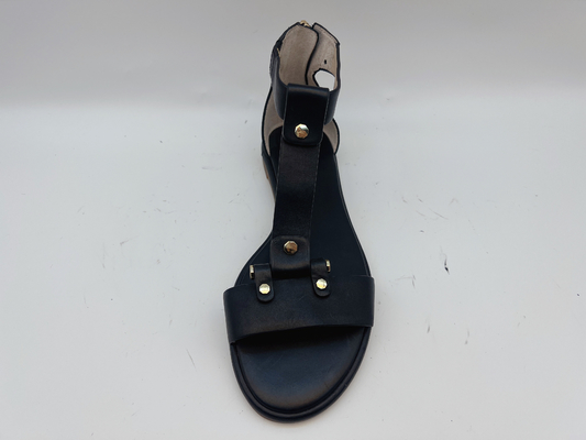 Wanita Hitam T Strap Sepatu Datar Peep Toe Lembut Nappa Kulit Asli Retro Roman Sandal