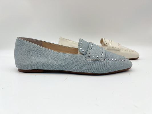 Soft Cow Ladies Kulit Asli Sepatu Flat Beige Dengan Desain Studs