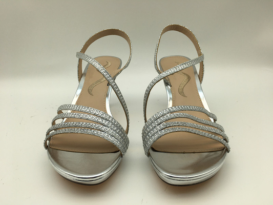 3cm Heel Wanita Sandal Kulit Lembut Perak Dengan Batu Permata Berkilau
