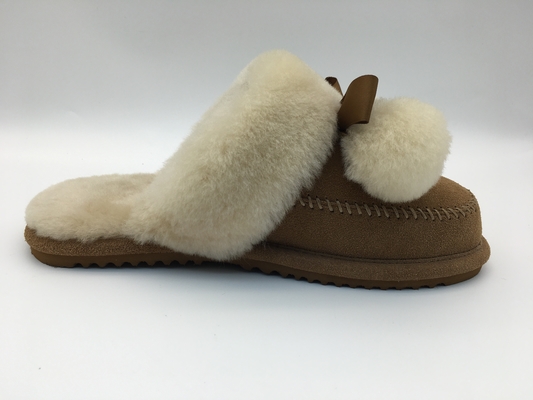 Sandal Hangat Musim Dingin Tan, Sandal Datar Bergaya Lembut Wanita