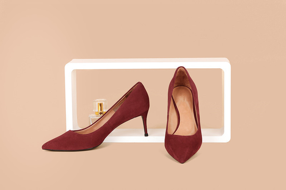 Burgundy Workplace Women Pumps Shoes High Heel Dengan Kulit Suede Asli yang Lembut