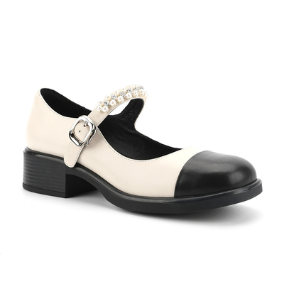 Round Head Wrap Toe Womens Leather Flat Shoes Hitam Dan Putih Jahitan