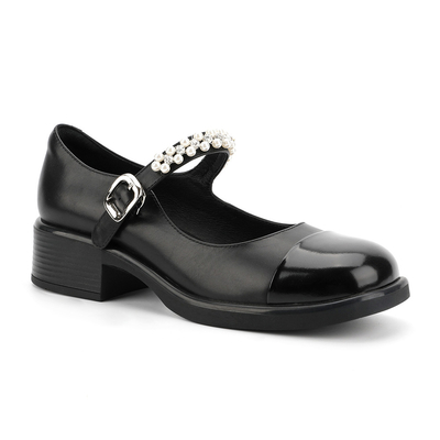 Round Head Wrap Toe Womens Leather Flat Shoes Hitam Dan Putih Jahitan