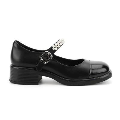 Round Head Wrap Toe Womens Leather Flat Shoes Hitam Dan Putih Jahitan