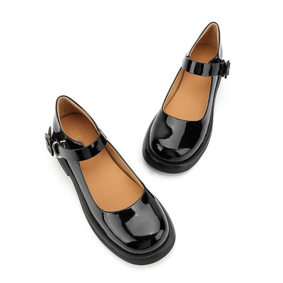 Sepatu Wanita Kulit Asli Hitam Nyaman Kepala Bulat Sepatu Hak Rendah Mary Jane