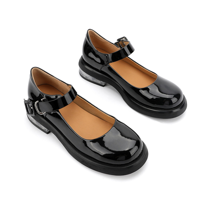 Sepatu Wanita Kulit Asli Hitam Nyaman Kepala Bulat Sepatu Hak Rendah Mary Jane