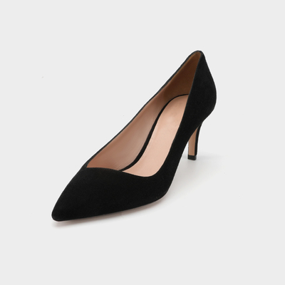 Sepatu Kulit Ujung Runcing Tumit Tipis, Sepatu Slip On Wanita Hitam 3 Inch