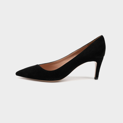 Sepatu Kulit Ujung Runcing Tumit Tipis, Sepatu Slip On Wanita Hitam 3 Inch