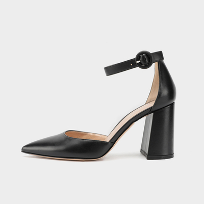 Square Heel Tan Ankle Strap Shoes, 8cm Ankle Strap Sepatu Wanita