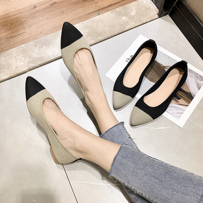 Sepatu datar kasual runcing baru wanita rajutan ringan bernapas