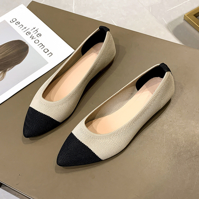 Sepatu datar kasual runcing baru wanita rajutan ringan bernapas