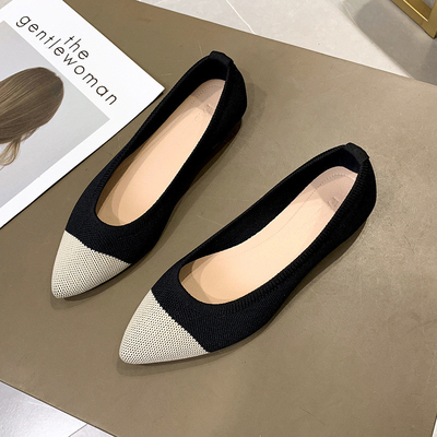 Sepatu datar kasual runcing baru wanita rajutan ringan bernapas