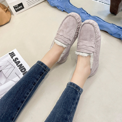 Hangat Tumit Rendah Round Toe Beludru Katun Mewah Sepatu Satu Langkah untuk Komuter