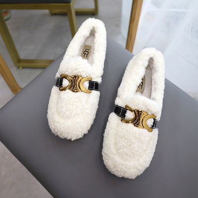 Sepatu Wol Domba Scoop Bertumit Rendah Ditambah Beludru Katun Hangat Untuk Musim Gugur Dan Musim Dingin