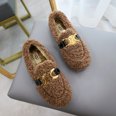 Sepatu Wol Domba Scoop Bertumit Rendah Ditambah Beludru Katun Hangat Untuk Musim Gugur Dan Musim Dingin