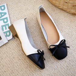 Wanita Telanjang Kenyamanan Pompa Colorblock Flat Shoes, Flat Busur Kulit Busana