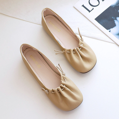 Sepatu Flat Balet Lembut Warna Solid, Sepatu Flat Karet Berkerut Kaki Persegi Putih Wanita