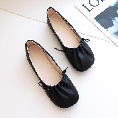 Sepatu Flat Balet Lembut Warna Solid, Sepatu Flat Karet Berkerut Kaki Persegi Putih Wanita